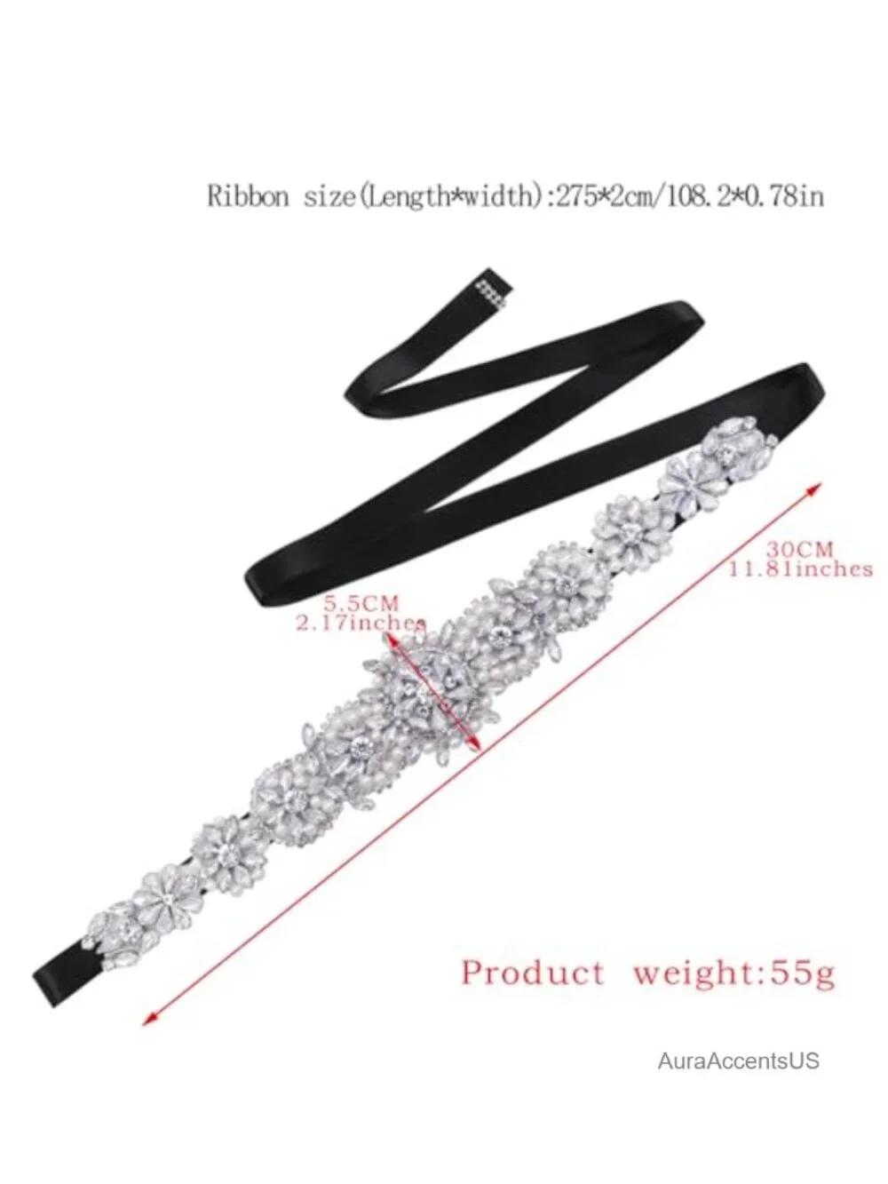 Rhinestone and Pearl Bridal Belt with Ribbon Tie